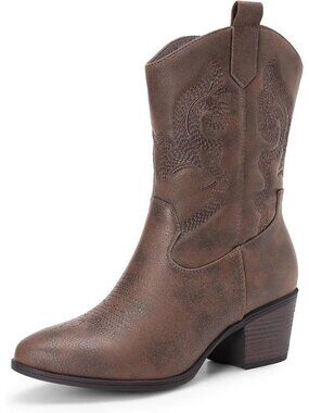 DREAM PAIRS Women's Brown Cowgirl Mid Calf Boots Round Toe Western Festive Boots